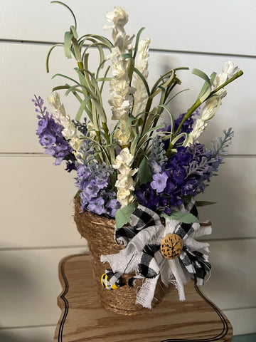 Country Flower Pot with Twine and Spring Flowers Bow and Bee