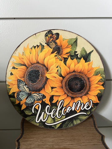 Sunflower Welcome Round Wood Decor