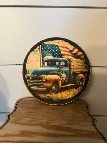 Patriotic Old Truck on wood background