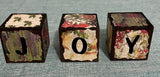 Yarn Christmas Trees and Wooden Present Joy Blocks