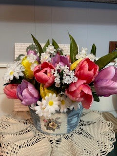 Metal Wall Hanging Can with Tulip and Spring Flowers