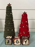 Yarn Christmas Trees and Wooden Present Joy Blocks