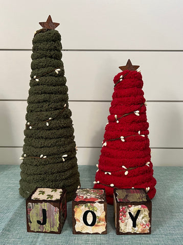 Yarn Christmas Trees and Wooden Present Joy Blocks